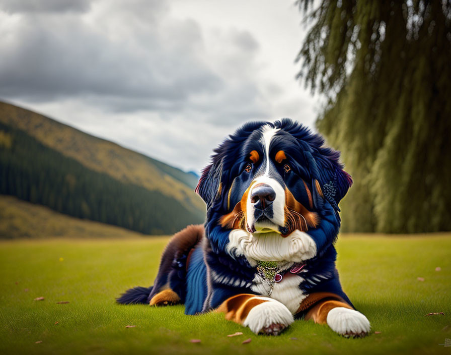 Bernese Mountain Dog with tennis ball in mouth on grassy field