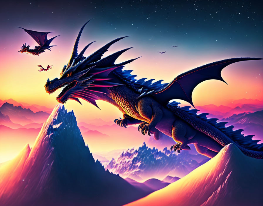 Two dragons flying over mountain peaks at dusk