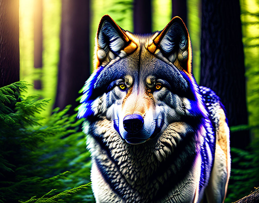 Vibrant Wolf Artwork with Blue Accents in Forest Setting