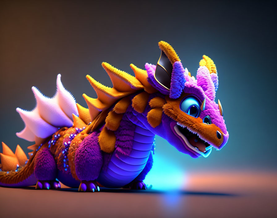 Colorful 3D illustration of friendly dragon on gradient background