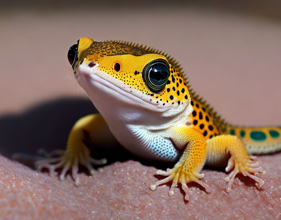 Colorful gecko with orange spots on pink surface