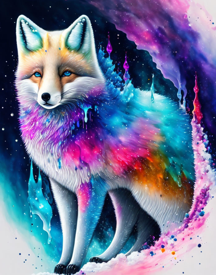 Colorful fox art with cosmic backdrop in blues, purples, and oranges