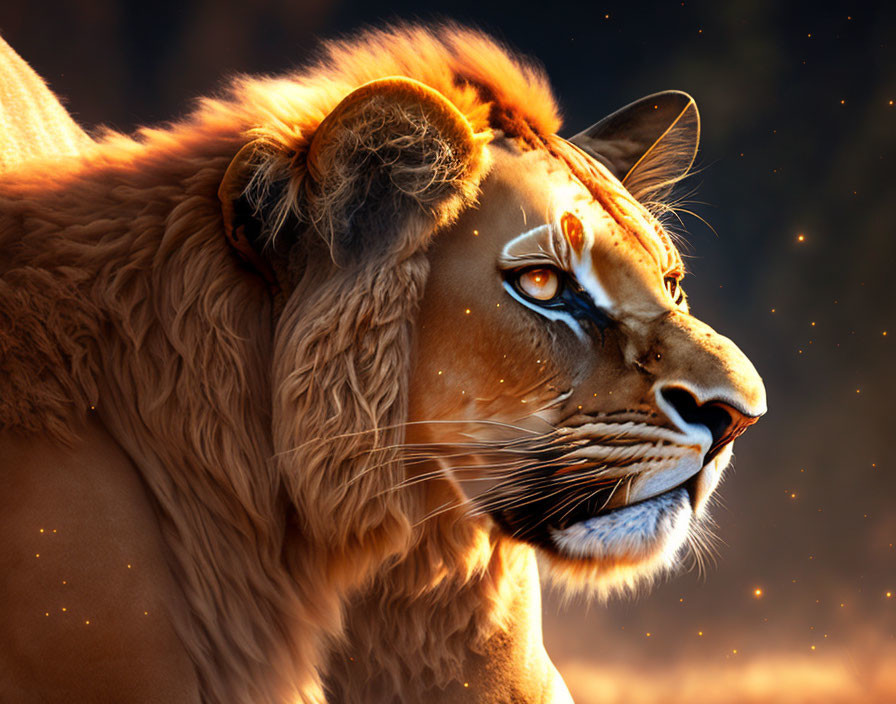 Majestic lion portrait with warm glow and sparkling mane particles