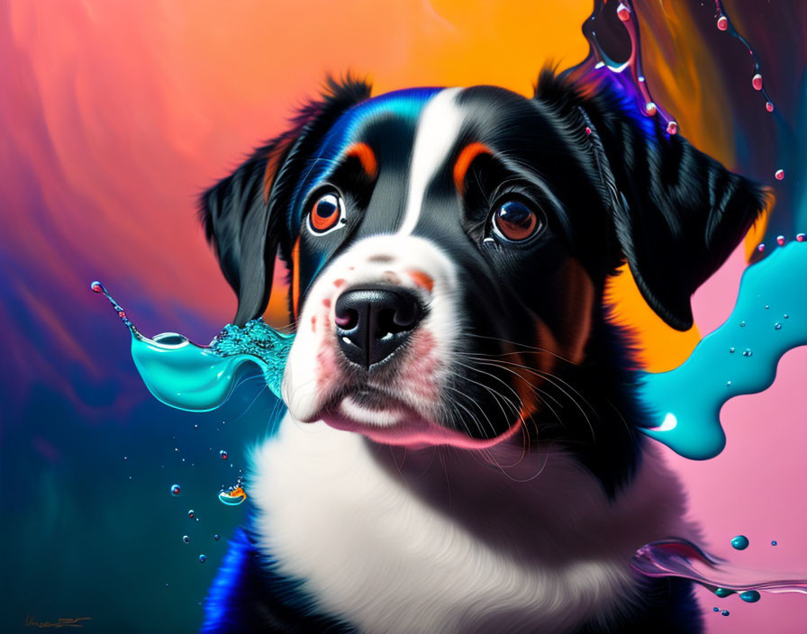 Colorful Dog Portrait with Striking Eyes and Swirling Abstract Design