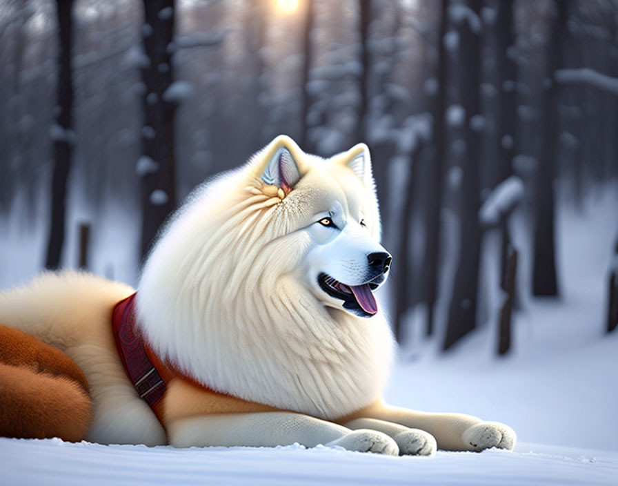 White fluffy dog in red harness rests in snowy forest under soft sunlight