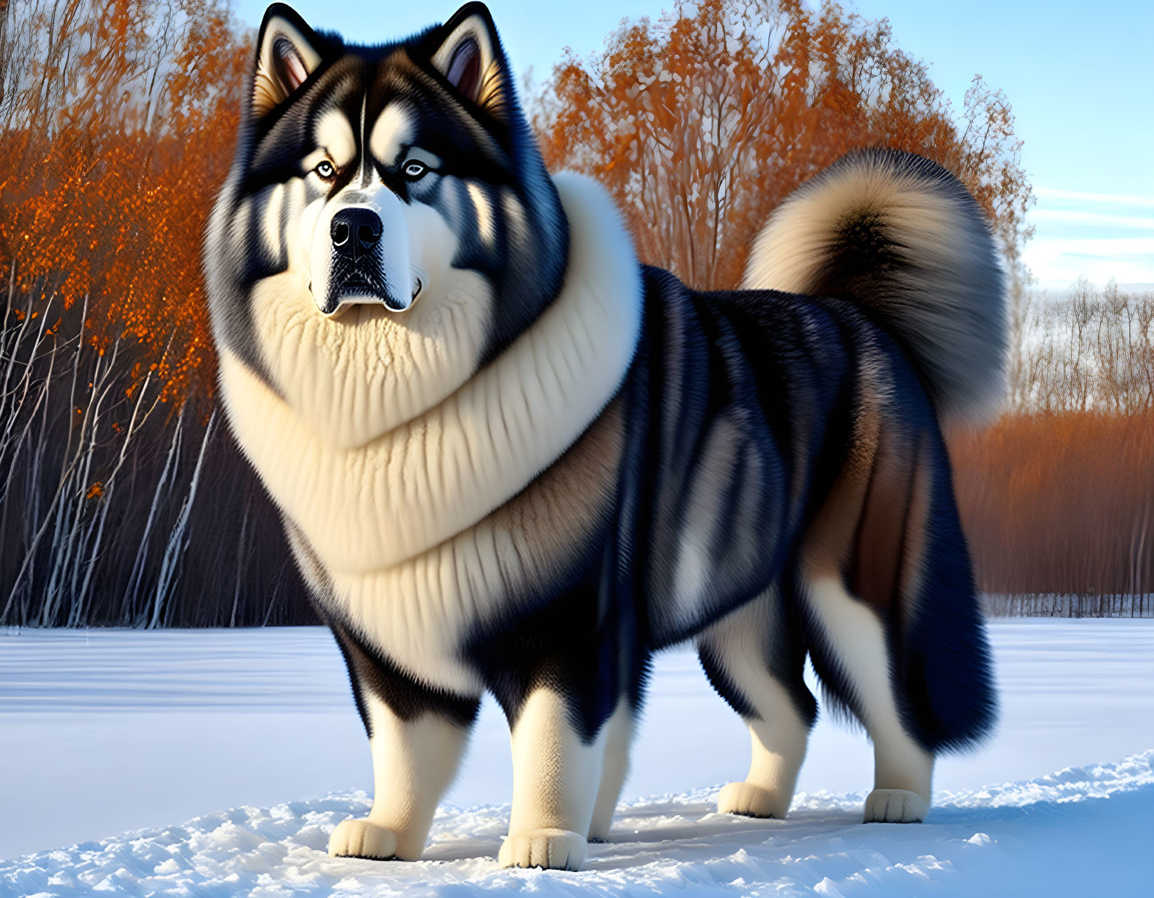 Fluffy Alaskan Malamute in Snowy Winter Scene