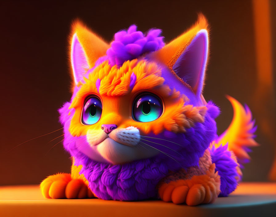 Colorful 3D illustration of fluffy cartoon cat with green eyes