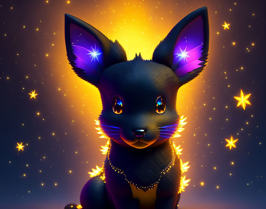 Stylized black fox with purple eyes on starry background