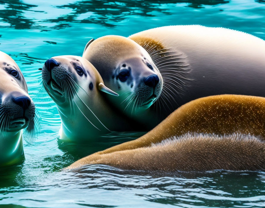 Three seals with wet fur floating in clear blue water under sunlight