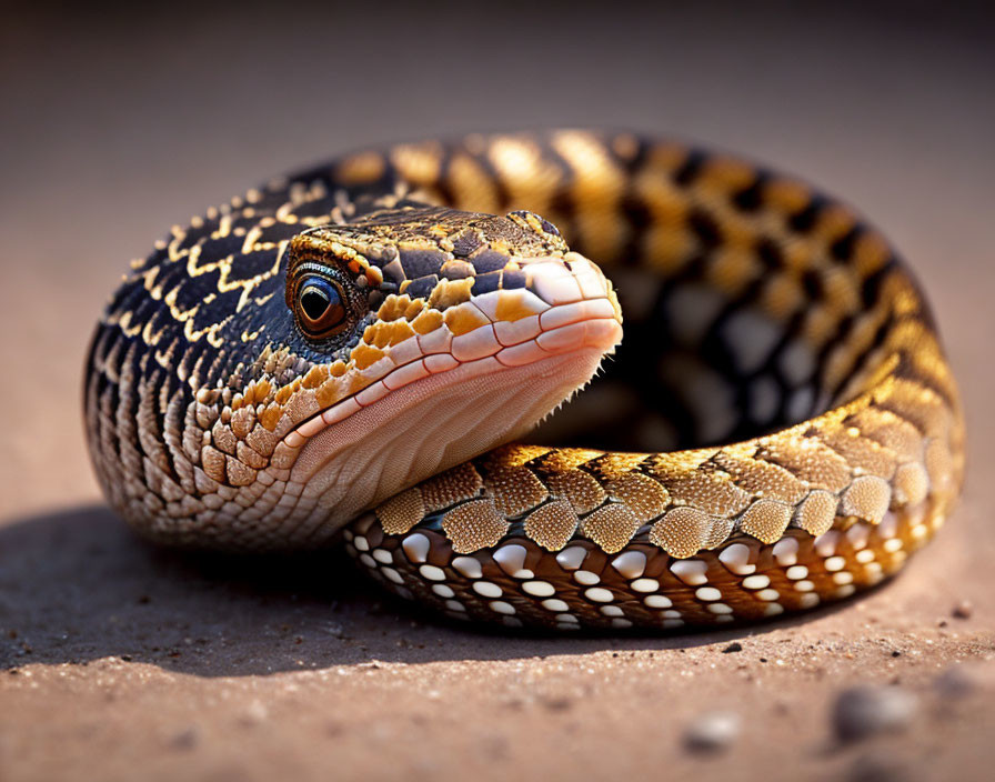 Detailed close-up of a coiled lizard with patterned scales and alert eye