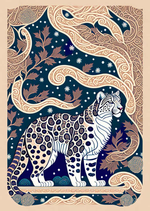 Illustration of Snow Leopard in Decorative Posture with Whimsical Background