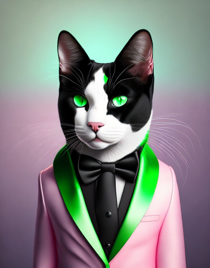 Black and white cat in pink tuxedo with green eyes on gradient background