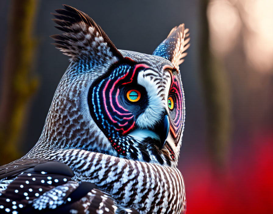 Vibrant Owl Close-Up with Intricate Patterns on Red Background