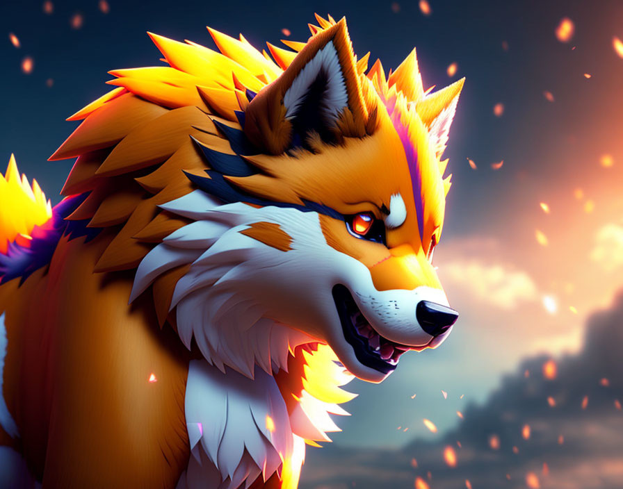 Colorful 3D illustration of stylized fox with glowing eyes and fiery fur