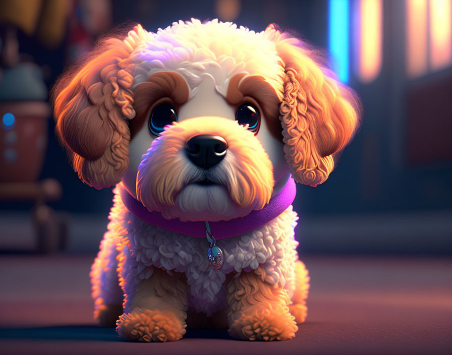 Brown and White Puppy with Purple Collar in Cozy 3D Animation