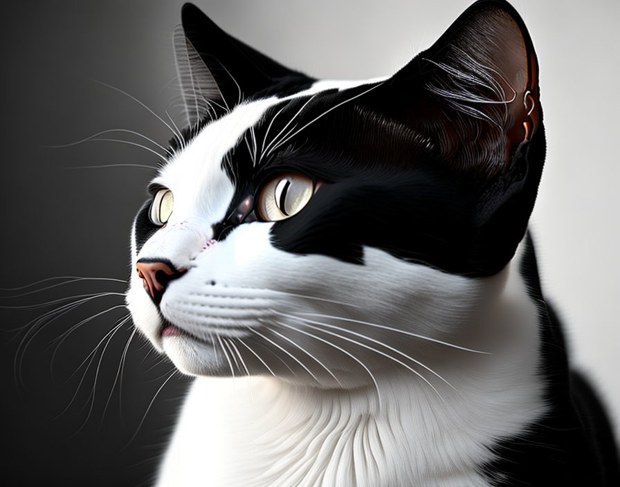 Black and White Cat with Striking Yellow Eyes and Sharp Features