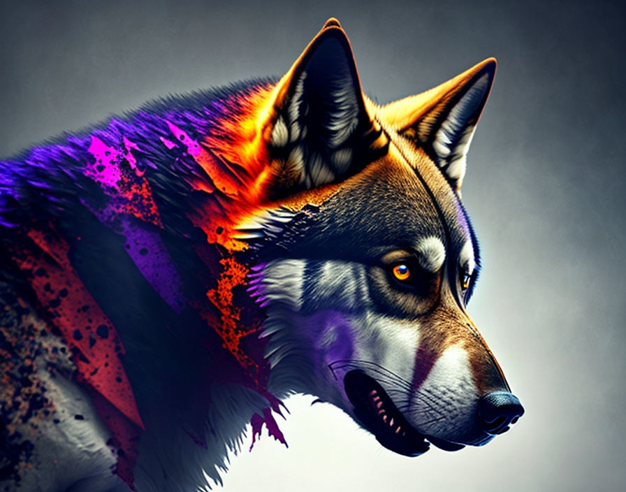 Colorful Digital Artwork: Wolf with Natural & Neon Tones