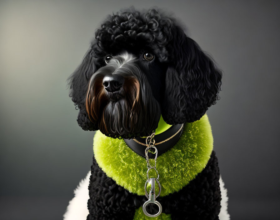 Fluffy black and white dog with brown eyes and green collar.