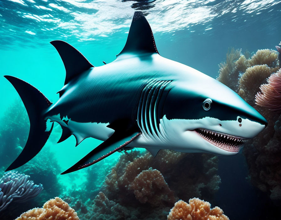 Realistic underwater shark illustration near coral reefs