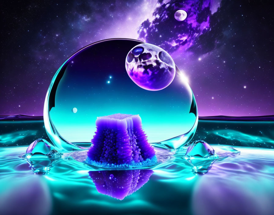 Surreal landscape with crystal orb, reflective water, purple crystal, celestial bodies