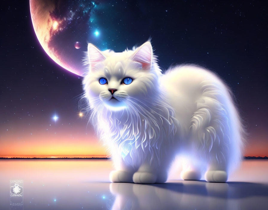 White Cat with Blue Eyes under Starry Sky with Planet and Moon