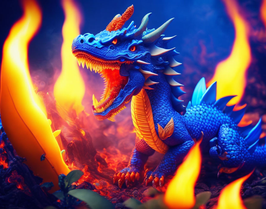 Vibrant Blue and Orange Dragon Toy in Fiery Scene