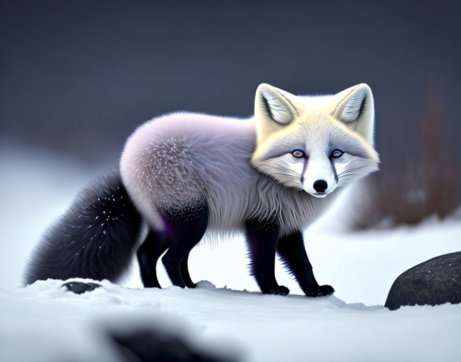 Arctic fox with fluffy white and gray fur in snowscape