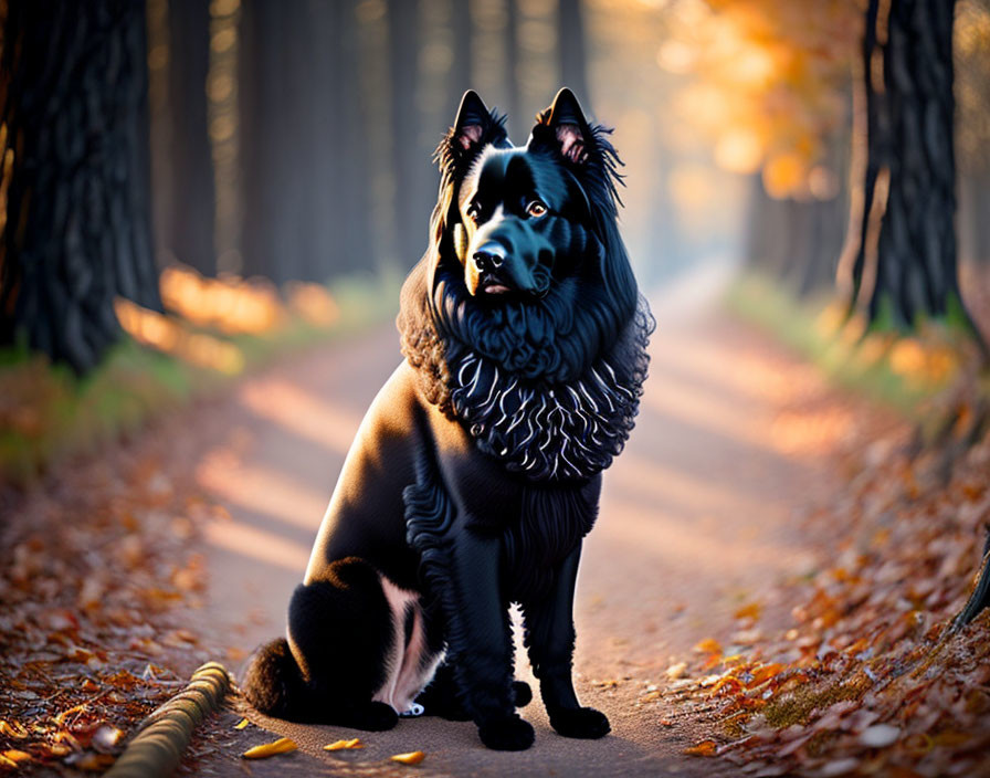 Black Dog with Unique Fur Patterns on Autumn Forest Path