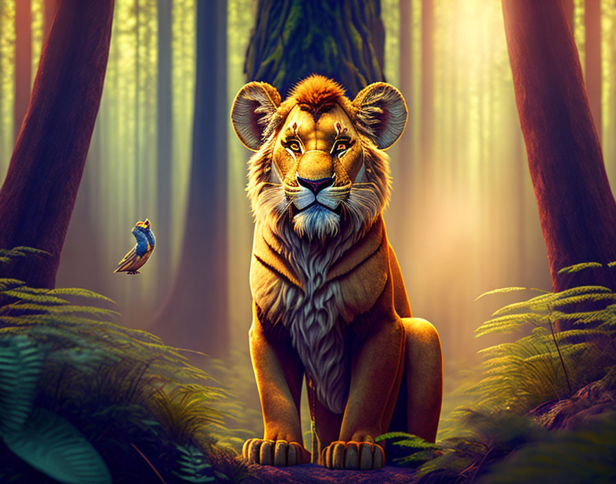 Majestic lion and blue bird in sunlit forest