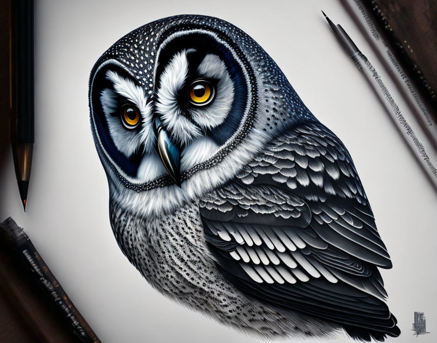 Detailed Hyper-Realistic Owl Drawing with Yellow Eyes and Feathers