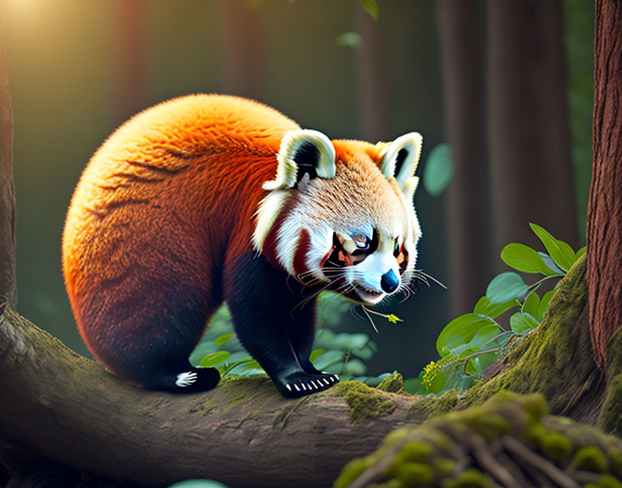 Red panda walking on tree branch in lush forest with striking red fur.