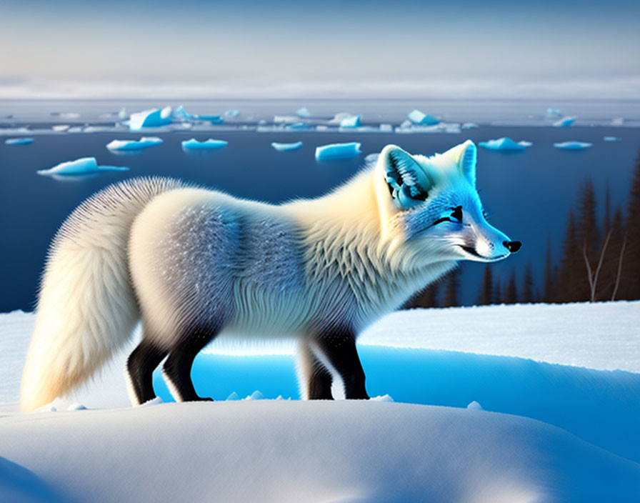 Arctic fox on snowy ridge gazes at icy sea under twilight sky