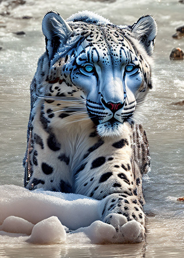 Snow leopard wading in water with foam under sunlight