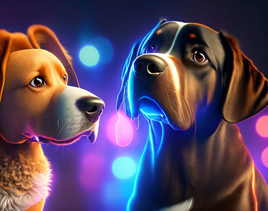 Neon-lit dogs in colorful bokeh against dark backdrop