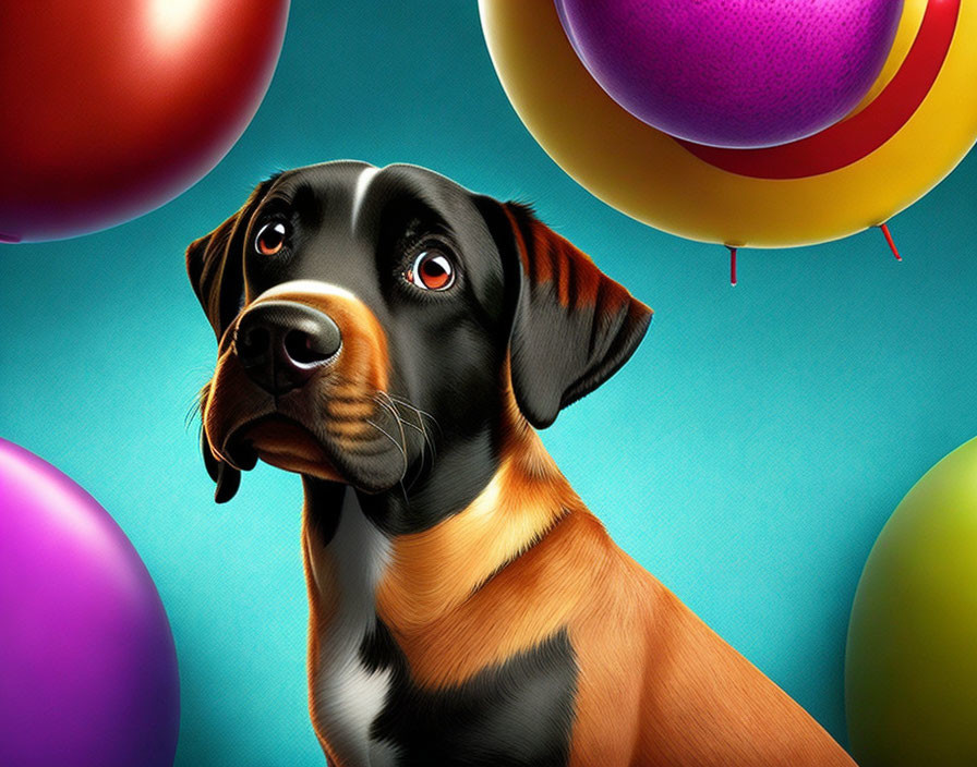 Colorful Balloons Surrounding Glossy-Eyed Dog on Blue Background