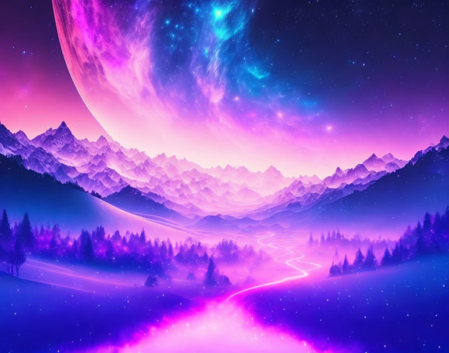 Surreal landscape digital artwork with purple hues, mountains, river, and oversized planet