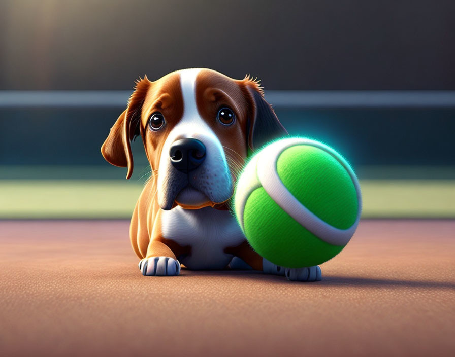 Animated beagle puppy with big brown eyes on tennis court with green ball