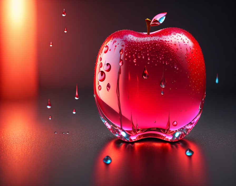 Red apple with water droplets on dark background