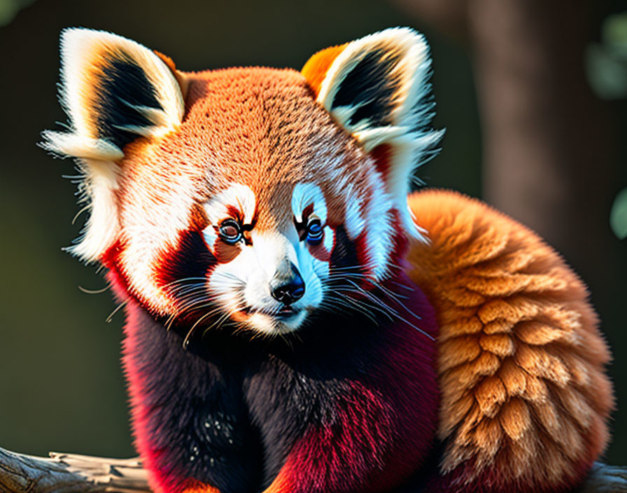 Striking red fur red panda perched on log with fluffy tail