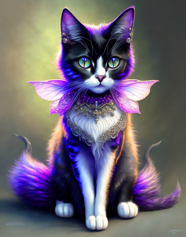 Whimsical cat digital painting with black and white fur and fairy wings