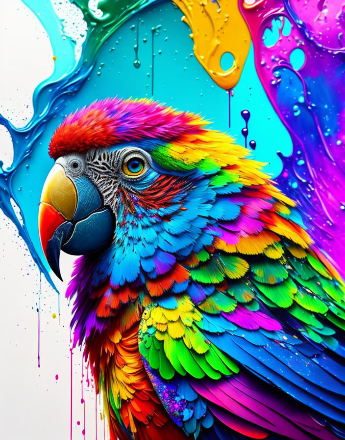 Colorful Parrot Artwork with Dripping Abstract Design