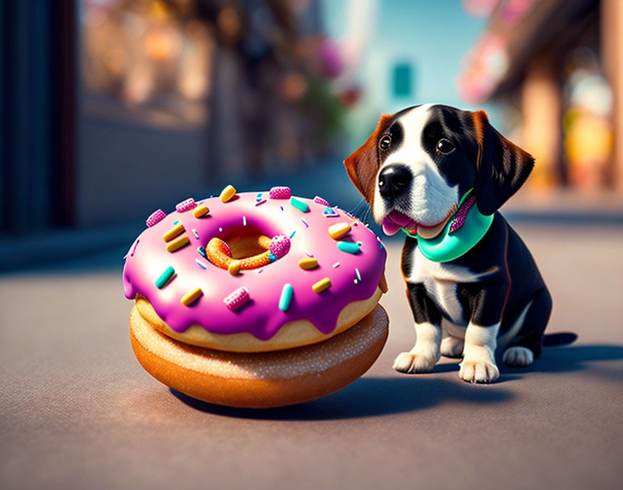 Curious puppy and giant pink sprinkle donut on city sidewalk