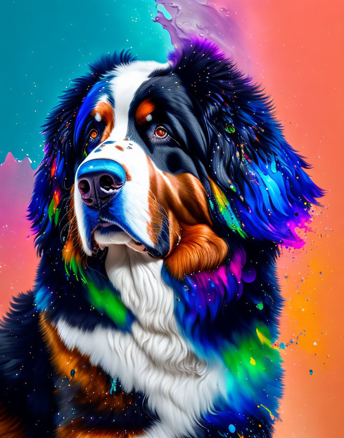 Colorful Abstract Bernese Mountain Dog Artwork with Blue, Orange, and Pink Splash Background