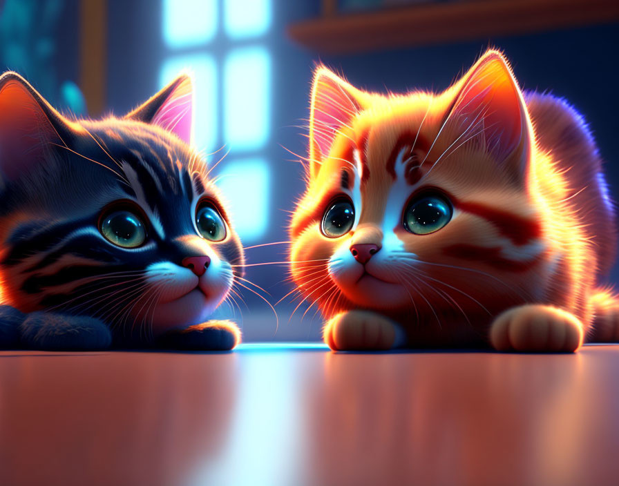 Animated kittens with expressive eyes in warm light