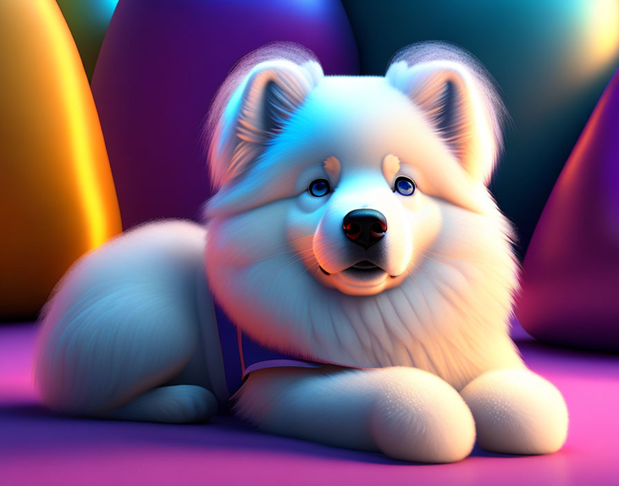 Fluffy white dog with blue eyes in colorful abstract setting