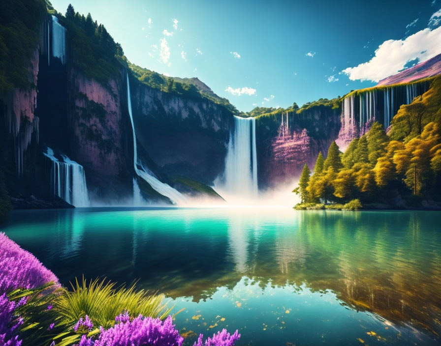 Tranquil landscape with cascading waterfalls into turquoise lake