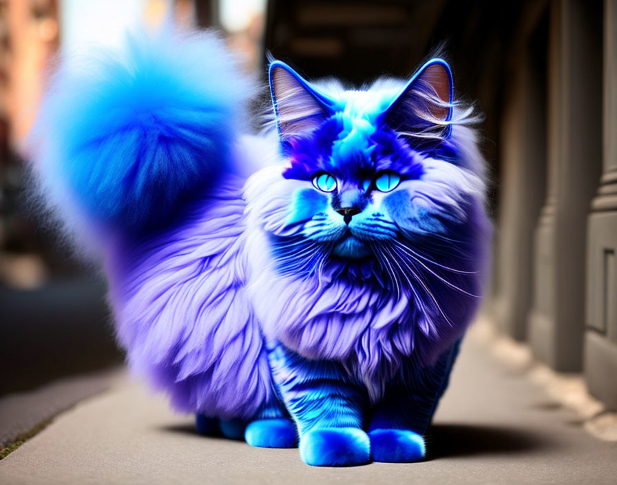 Blue fluffy cat with striking eyes on pavement with alleyway background