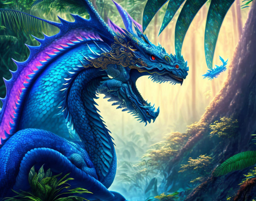 Blue and gold dragon in mystical forest with flying companion