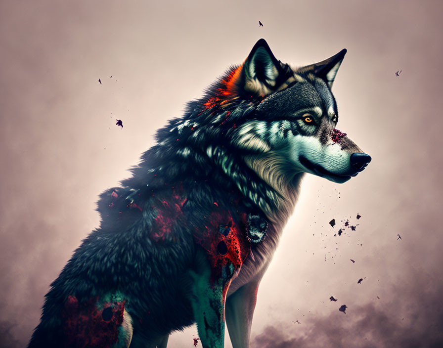 Vibrant surreal wolf art with moody backdrop