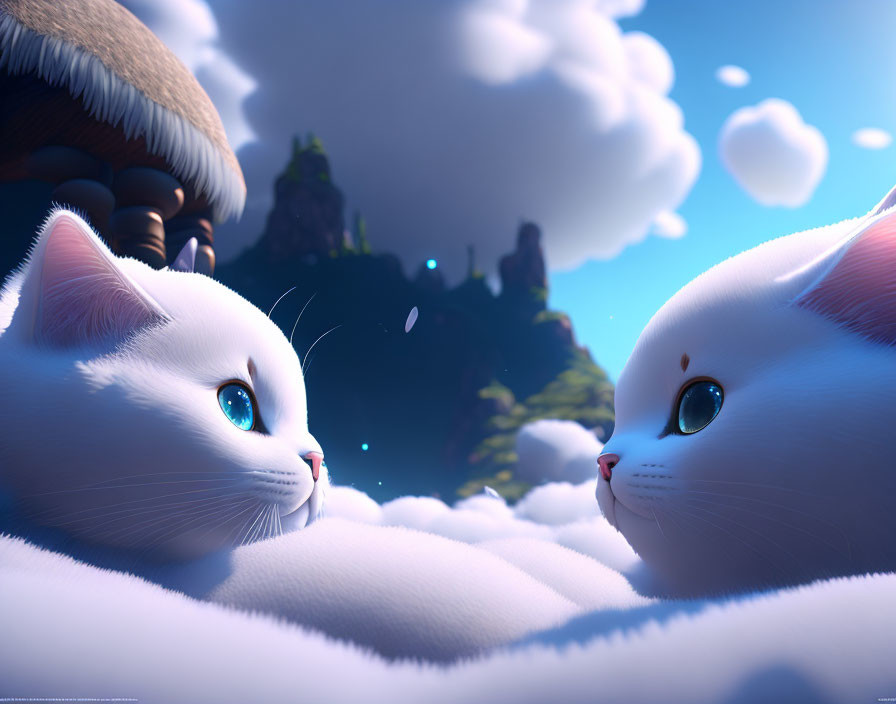 Vibrant-eyed white cats on clouds with whimsical scenery